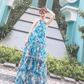 Đầm hoa maxi đi biển cổ yếm 2020
