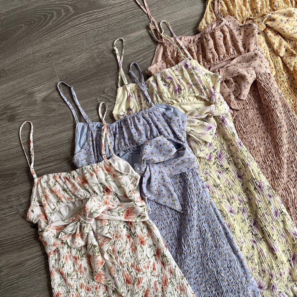 Đầm hai dây nữ hoa nhí smocking