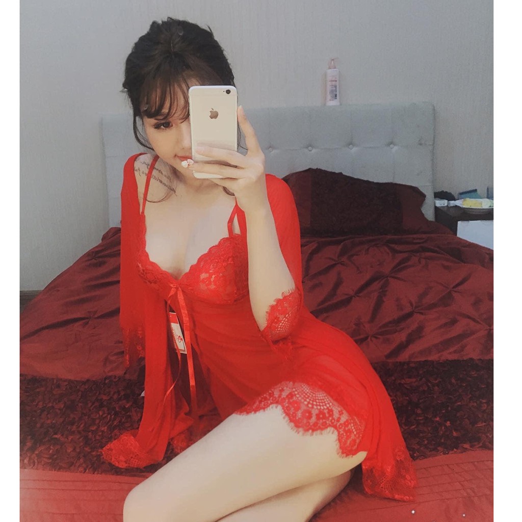 Váy ngủ ren hoa ngực kèm áo choàng ngủ quyến rũ (Màu Đỏ) | BigBuy360 - bigbuy360.vn