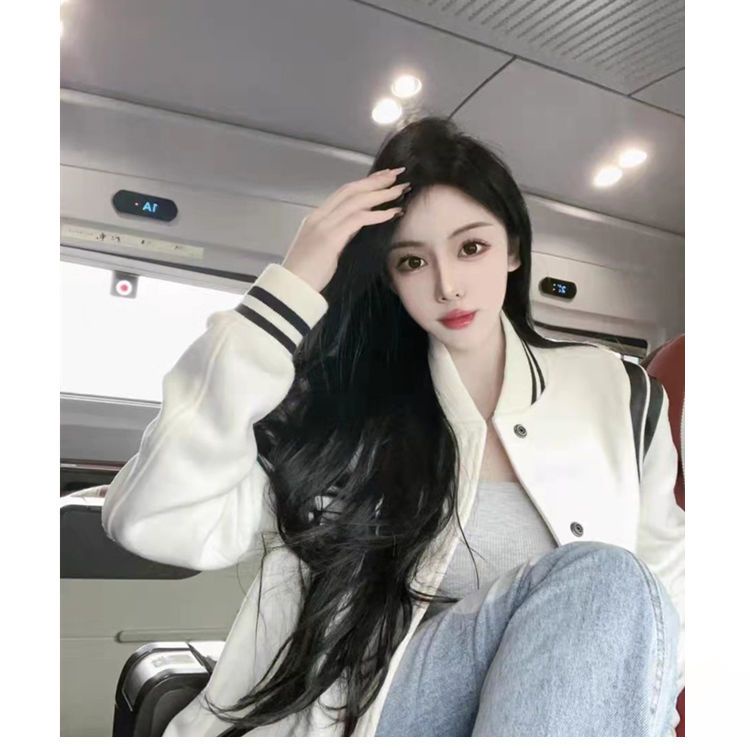 Áo Khoác Bóng Chày Bằng Len 22ss Màu Trắng Đen Phong Cách Mỹ Cổ Điển