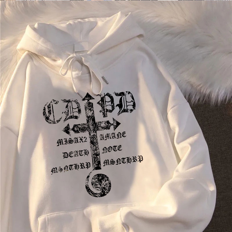 Áo hoodie oversize dài tay họa tiết thánh giá và chữ phong cách Death Note gothic thời trang đường phố