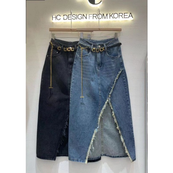 Chân váy jeans xẻ đai xích chữ hàng QCL1