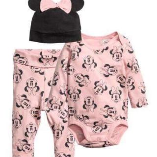 H&M kid girl jerseyset 2-4M - set quần áo cho bé gái chuột minier màu hồng