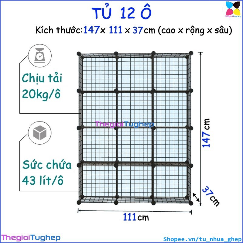 Tủ lưới sắt lắp ghép đa năng hiện đại để sách, đồ dùng trang trí phòng làm việc 12 ô