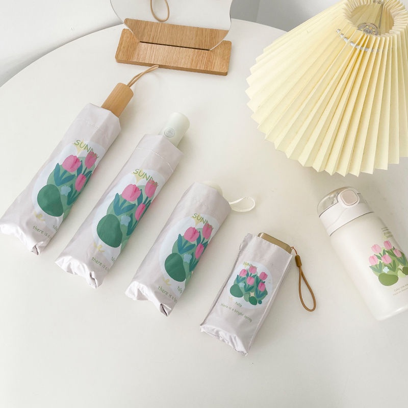 Dù Gấp Tự Động 14cm Chống Tia UV Họa Tiết Hoa Tulip