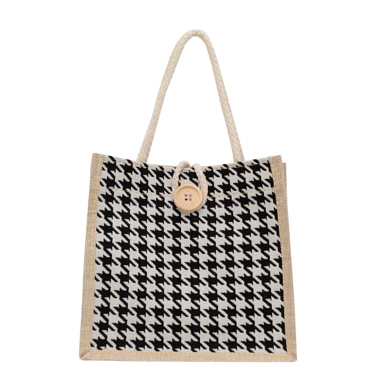 Túi Đựng Cơm Trưa Bằng Vải Lanh Họa Tiết Houndstooth Đơn Giản Thời Trang Mùa Thu Dành Cho Nữ