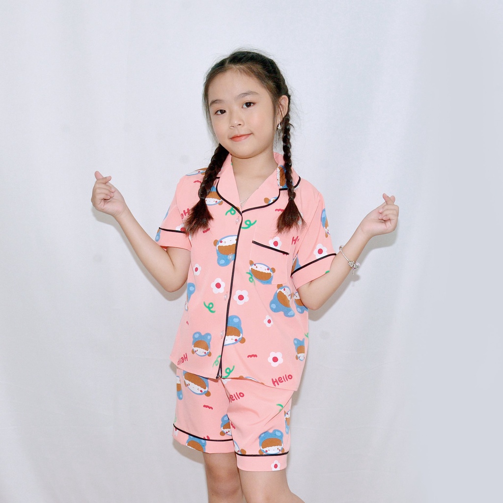 Bộ đồ ngủ pijama bé gái MÀU HỒNG HELLO  - Vải lụa mềm mại,nhẹ nhàng, mang lại cho bé cảm giác cực  thoải mái