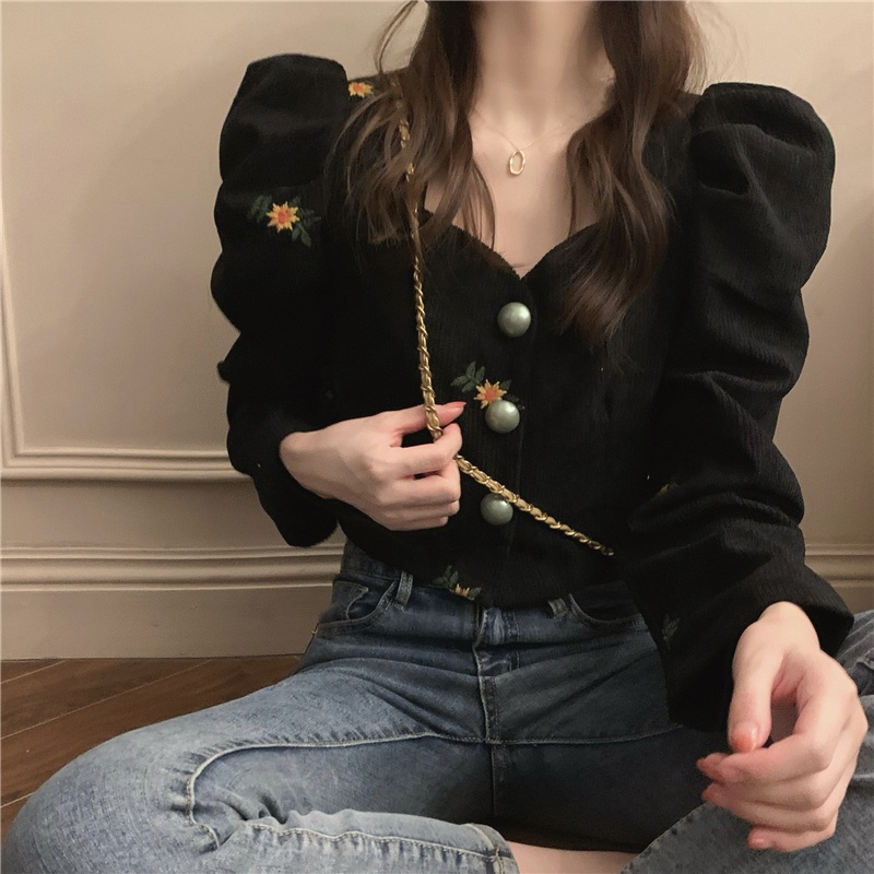 Áo Sơ Mi Tay Phồng Ngắn Chất Liệu Nhung Phong Cách Vintage  tao bao