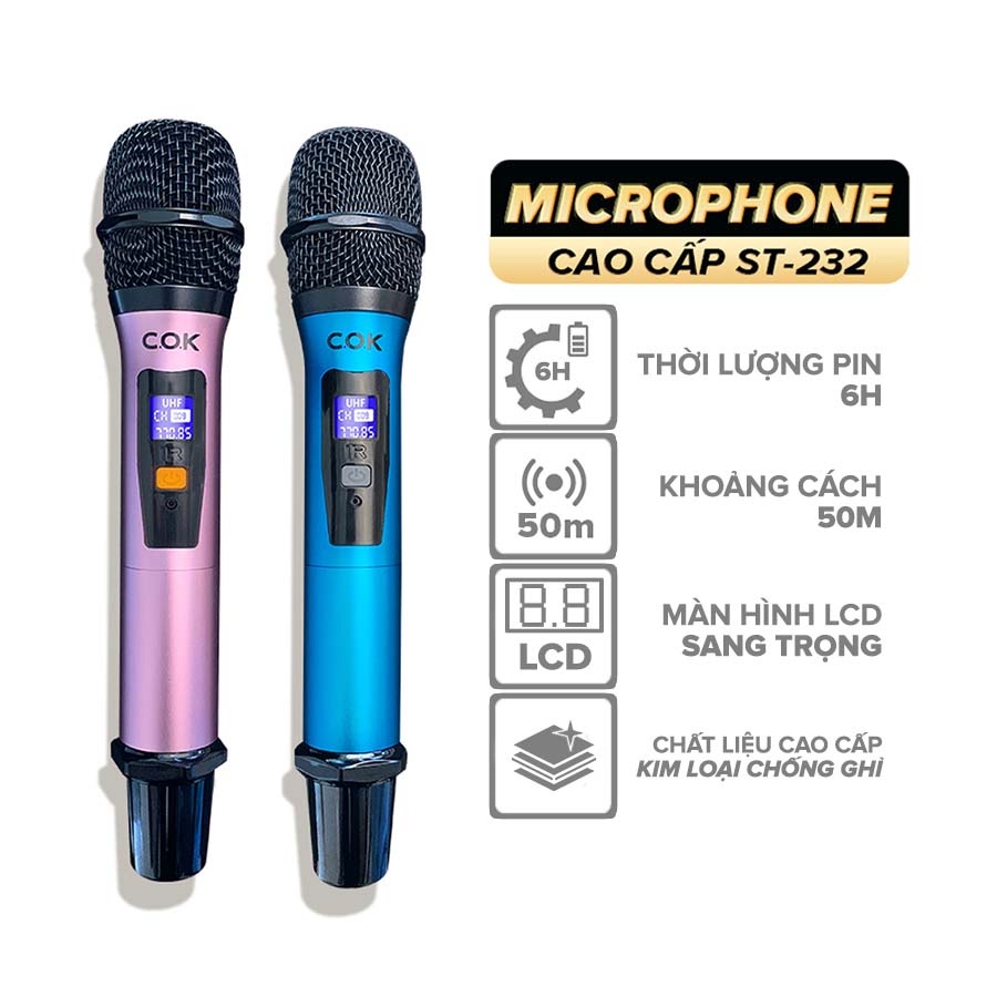 Bộ 2 Micro Karaoke Không Dây Cao Cấp COK ST-232 - Thời Lượng Pin 6h Màn Hình LED Chống Nhiễu Giảm Ồn Lọc Âm