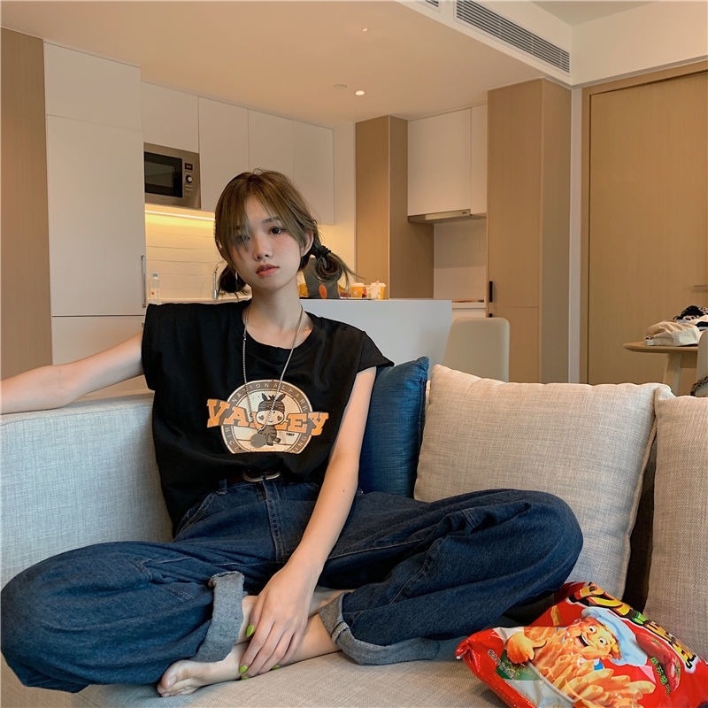Áo Thun Sát Nách Dáng Rộng In Chữ Và Hoạt Hình Kiểu Hàn Quốc Thời Trang Mùa Hè Cho Nữ