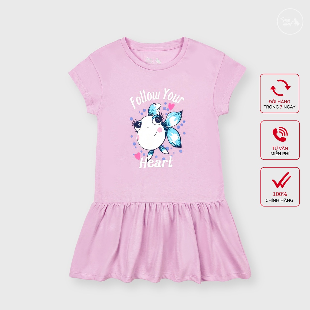 Váy Bé Gái Miss Meow, Đầm Cho Bé Chất Cotton Bèo Gấu In Cá Nhỏ Size Đại 3-11 Tuổi