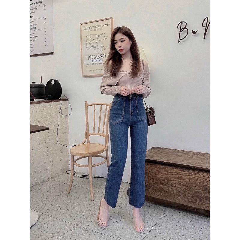 Quần bò jeans nữ ống đứng rộng co dãn bốn chiều cắt gấu hót 2022