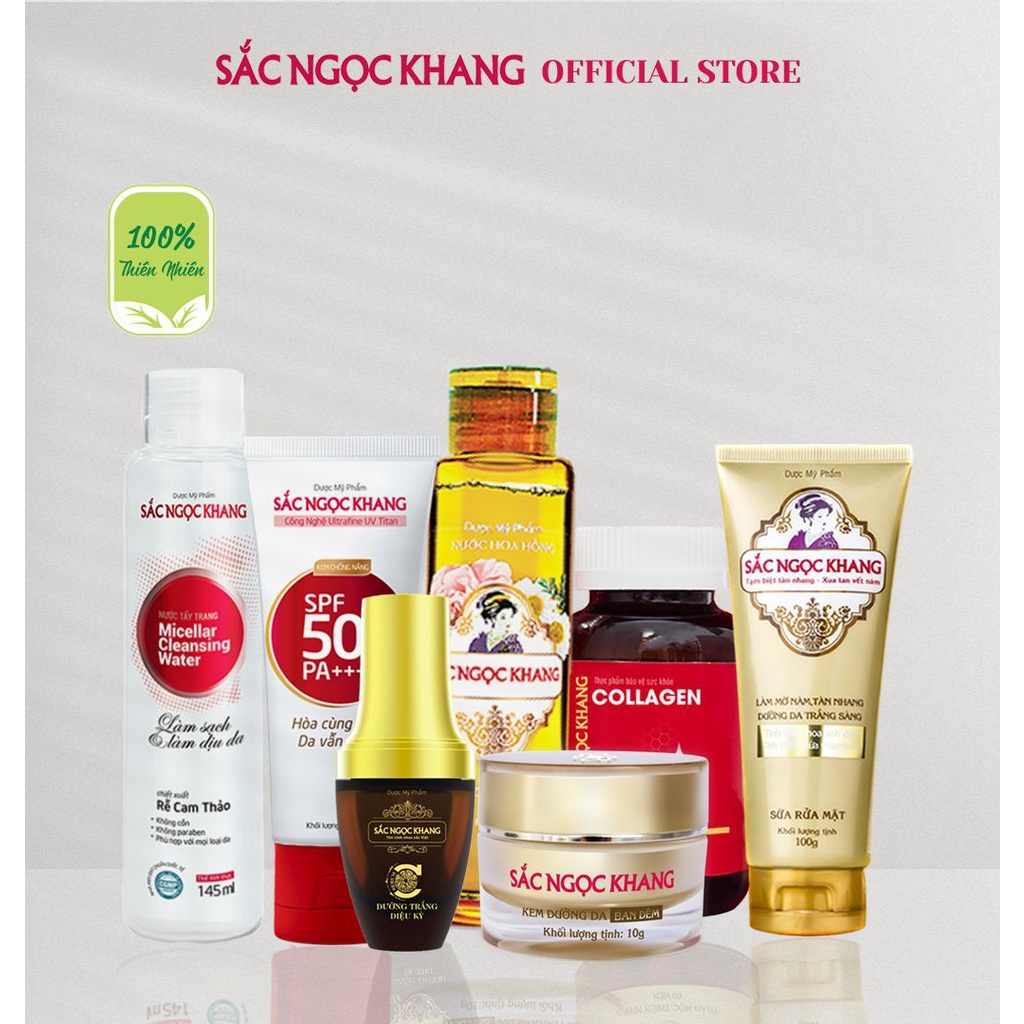 Bộ dưỡng da SẮC NGỌC KHANG 7 món gồm [Collagen+serum+kem dưỡng 10g+ sữa rửa mặt 100g+tẩy trang+hoa hồng+chống nắng]