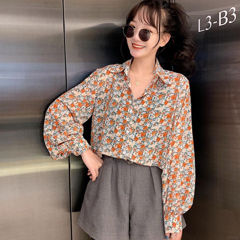 Áo Sơ Mi Tay Dài Form Rộng Họa Tiết Hoa Phong Cách Retro Dịu Dàng Hàn Quốc