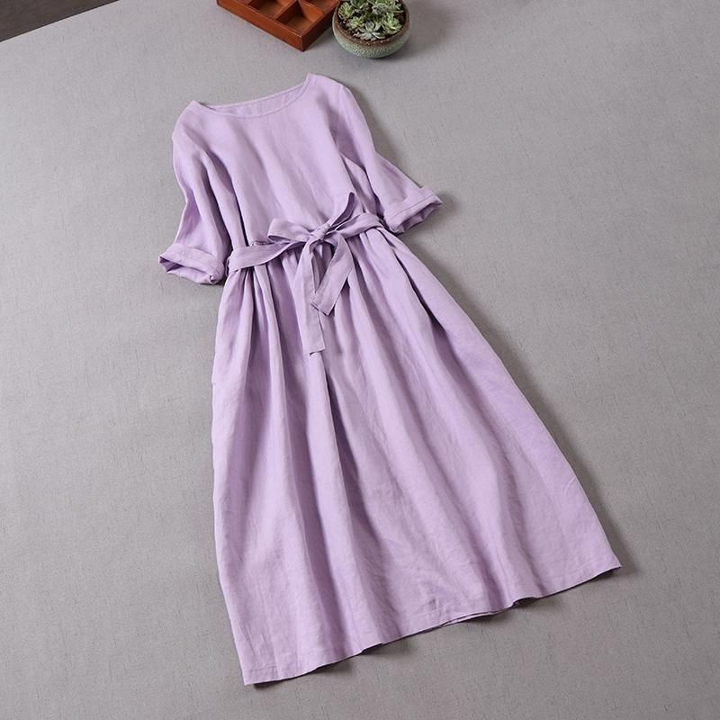 Đầm suông linen dáng chữ A cổ tròn tay lỡ xanh than, chất đũi mềm mát, thời trang phong cách Hàn Quốc