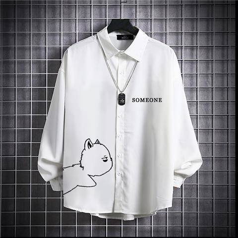 Hàng Có Sẵn Áo Sơ Mi Tay Dài In Hình Mèo Phối Nhung Dày Dặn Ấm Áp Thời Trang Thu Đông Phong Cách Nhật Bản Cho Nam