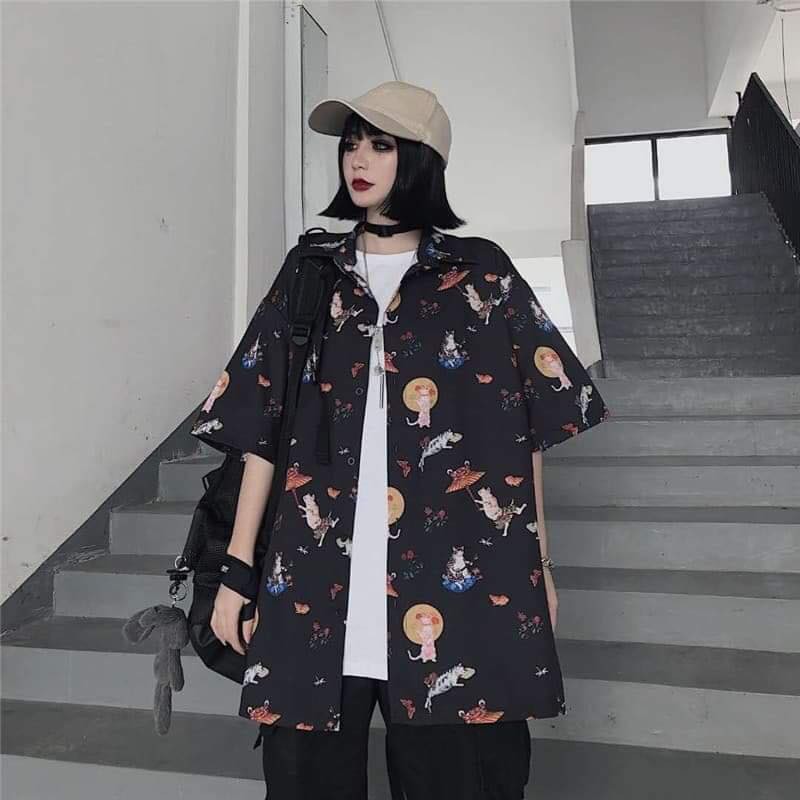 Áo sơ mi nam nữ oversize hình MỀO CẦM Ô đen
