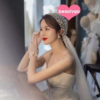 Khăn đội đầu sợi phẳng có đính hạt độ dài trung bình phụ kiện chụp ảnh đám cưới cho cô dâu