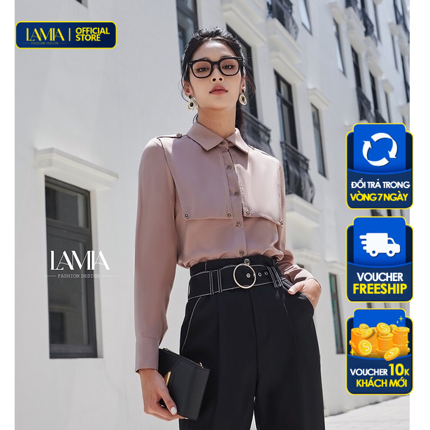Áo sơ mi nữ Lamia Design LA313 lụa Hàn Quốc màu nâu tím phối vạt bèo đối xứng cách điệu