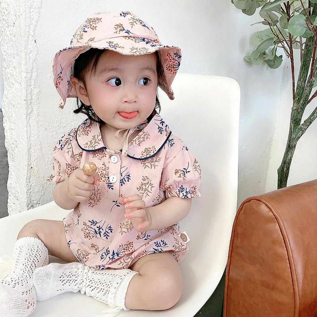 Set Áo Liền Quần Tay Ngắn + Nón Dễ Thương Thời Trang Cho Bé Gái