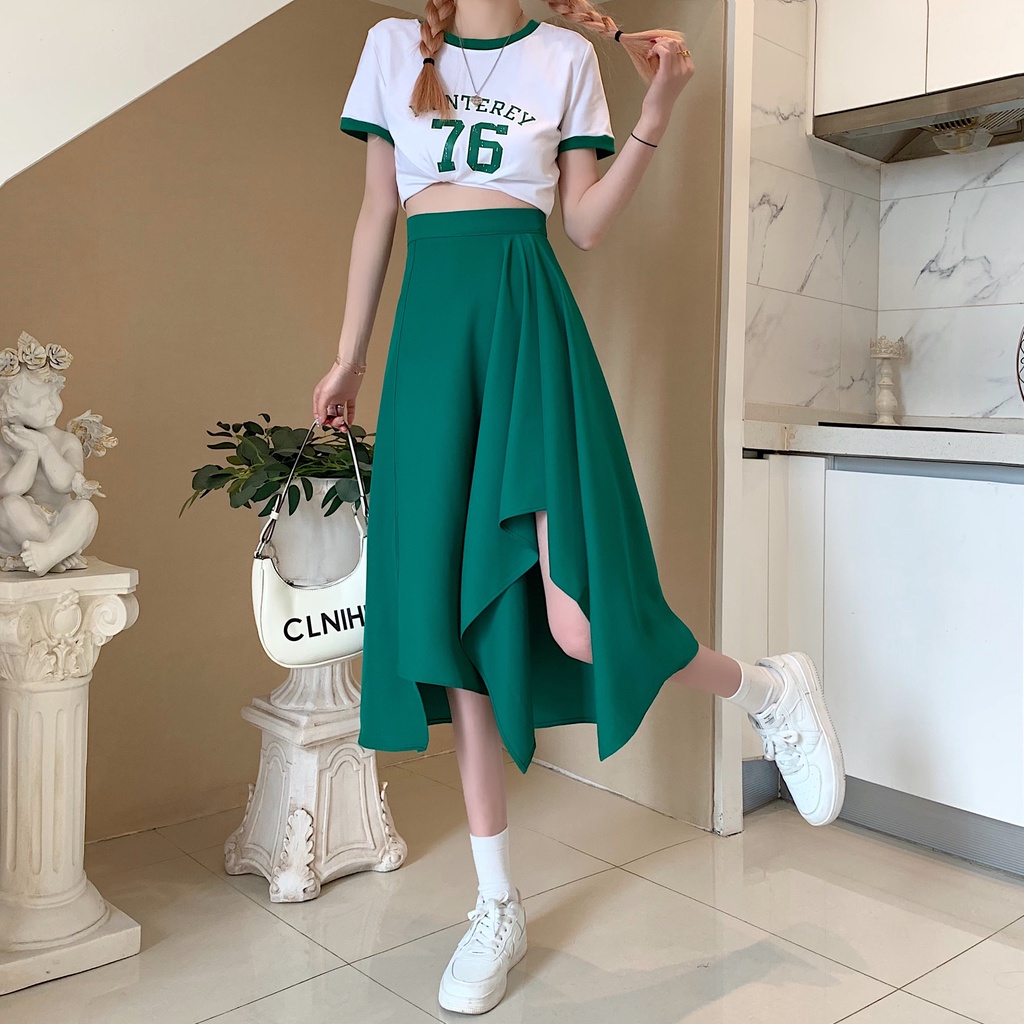 Chân váy midi XIAOZHAINV kiểu chữ A màu đen phong cách Hàn Quốc
