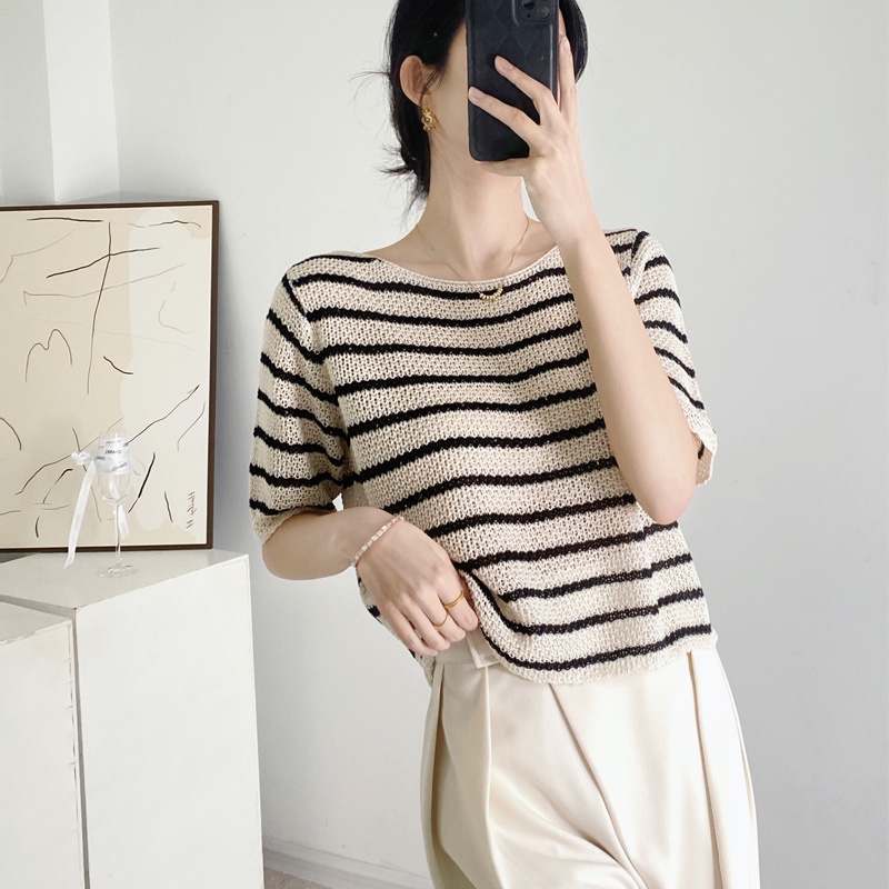Áo thun dệt kim Xiaozhainv ngắn tay họa tiết kẻ sọc phong cách Hàn Quốc cho nữ