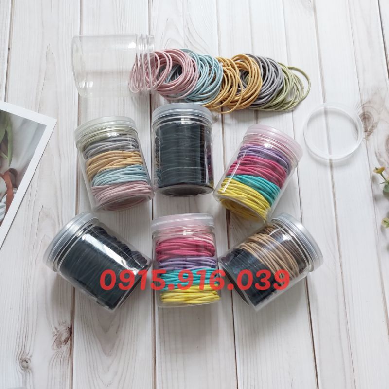 Set 100 Dây Thun Cột Tóc Đơn Giản, Thun cột tóc có hộp đựng