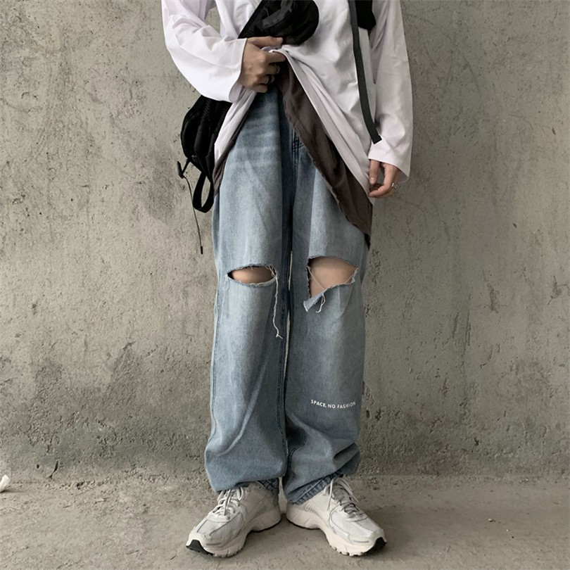 Quần Jean Ống Rộng Phối Rách Cá Tính Theo Phong Cách Retro Hàn Quốc Dễ Phối Đồ 1211
