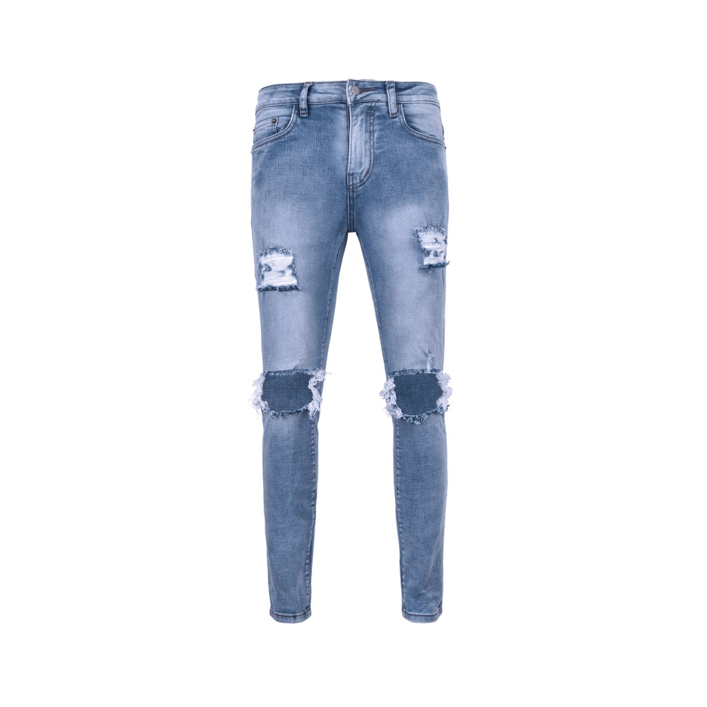 Quần Skinny Jeans Nam-Màu Xanh Nhạt-Rách Gối To-Chất Liệu Cotton Co Giãn-Ống Đứng Dáng-Ống Ôm Chân Chuẩn Skinny