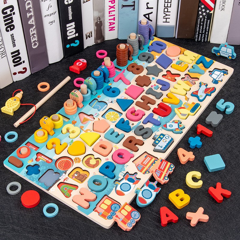 Bộ đồ chơi câu cá và ghép hình học chữ số bằng gỗ 134 chi tiết, đồ chơi trí tuệ phát triển toàn diện, tư duy cho bé