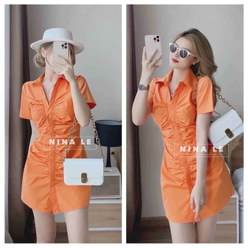 Đầm sơ mi ôm body kiểu hàng nút nhúm cực xinh , chất thô mềm