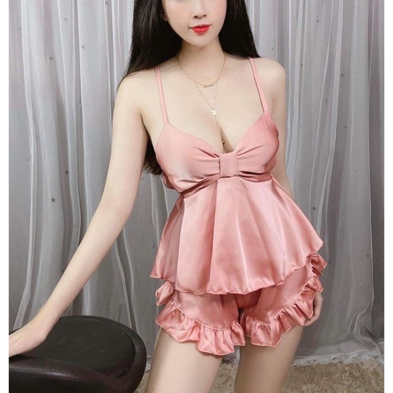 Đồ ngủ sexy nữ, bộ ngủ 2 dây phi lụa mặc nhà gợi cảm CARY
