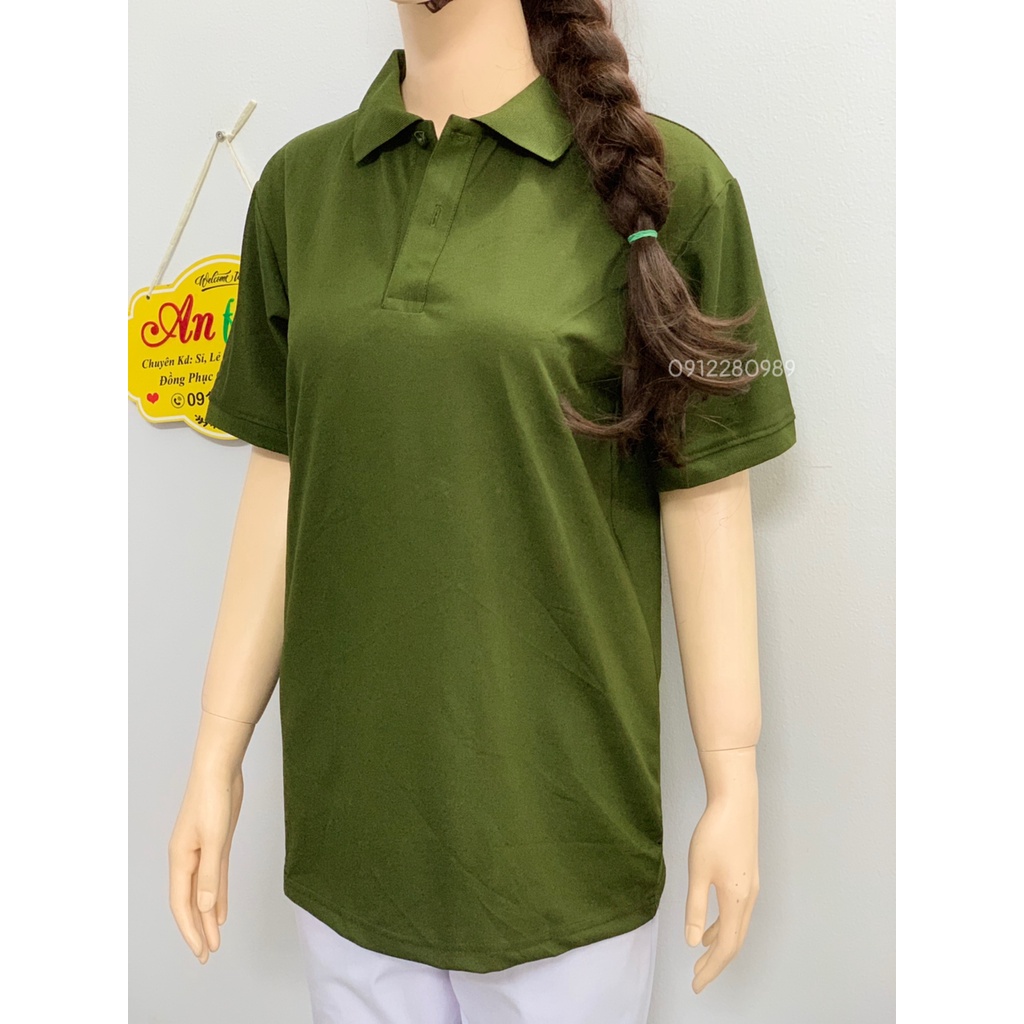 Áo thun có cổ màu xanh rêu vải poly Thái cao cấp cho nam nữ _ Hình chụp thật