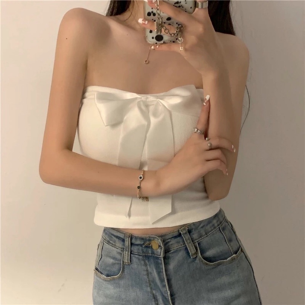 Áo crop top dệt kim nơ 2 dây trong mùa hè cho nữ