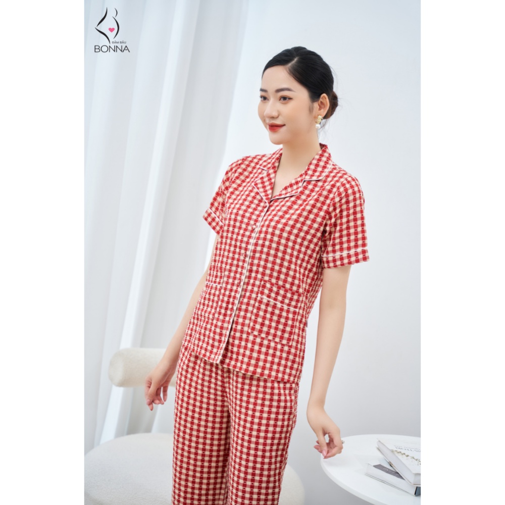 Đồ bộ bầu mặc nhà bonna dáng pijama tay ngắn quần dài chất liệu đũi cao cấp - ảnh sản phẩm 3