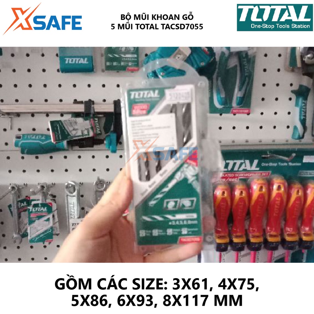 Bộ mũi khoan gỗ 5 chi tiết TOTAL TACSD7055 Combo 5 mũi khoan gỗ size 3X61, 4X75, 5X86, 6X93, 8X117 - Chính hãng