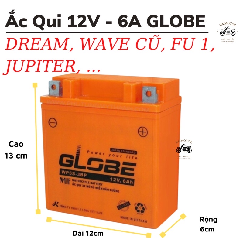 Ắc Qui Globe 12V-6A xe Dream, Future, Jupiter, Wave anpha