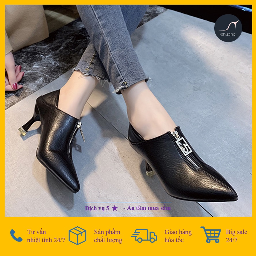 [Giá hủy diệt] [Ảnh thật] Giày Bốt Nữ Boot Khóa TIKTOK Bóng Lì Gót Nhọn  Xoàn Giữa 2 Màu Đen - Kem 7cm