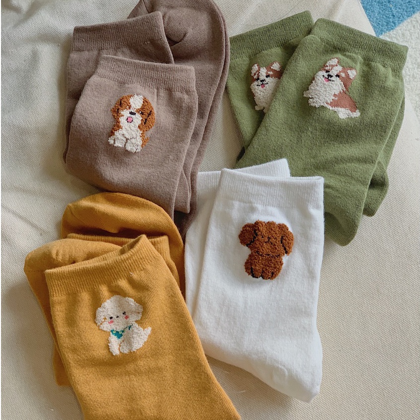 FLUFFY PUPPY - Tất vớ cao cổ nữ hình chó cún dễ thương, dệt bông xù, màu sắc ấm áp retro vintage, nhập khẩu Hàn Quốc