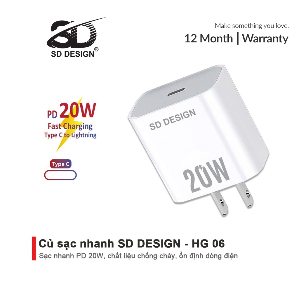 Củ Sạc Nhanh PD 20W chính hãng SD DESIGN HG 06 sạc nhanh an toàn cho điện thoại Bảo Hành 1 đổi 1