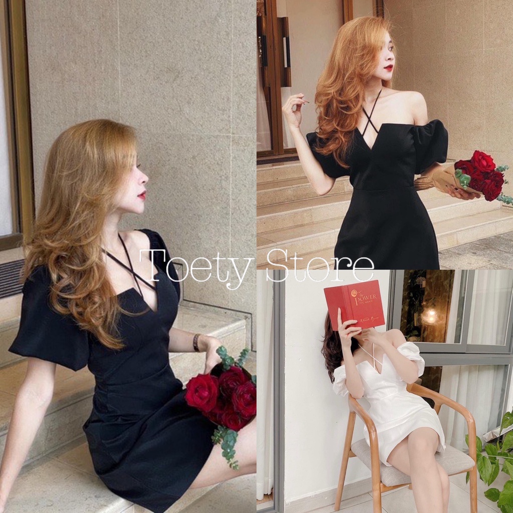 Váy Nữ Trễ Vai Buộc Dây Xẻ Ngực 🌱 Đầm Nữ Hở Vai Tay Bồng 2 Màu 🌱