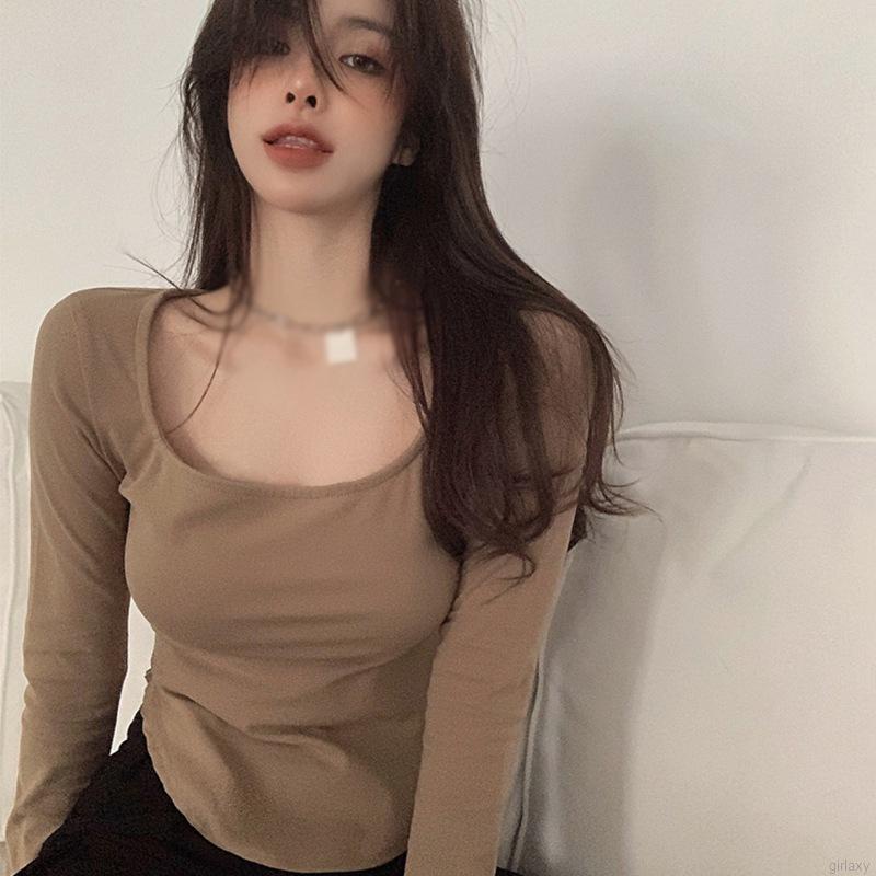 Áo Thun Tay Dài Cổ Thấp Màu Sắc Đơn Giản Phong Cách Hàn Quốc Thời Trang Cho Nữ