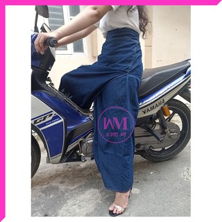 Váy chống nắng xẻ tà cao cấp vải jean thêu hoa thạch thảo xanh - có dàn 3 nút bấm kim loại chắc chắn