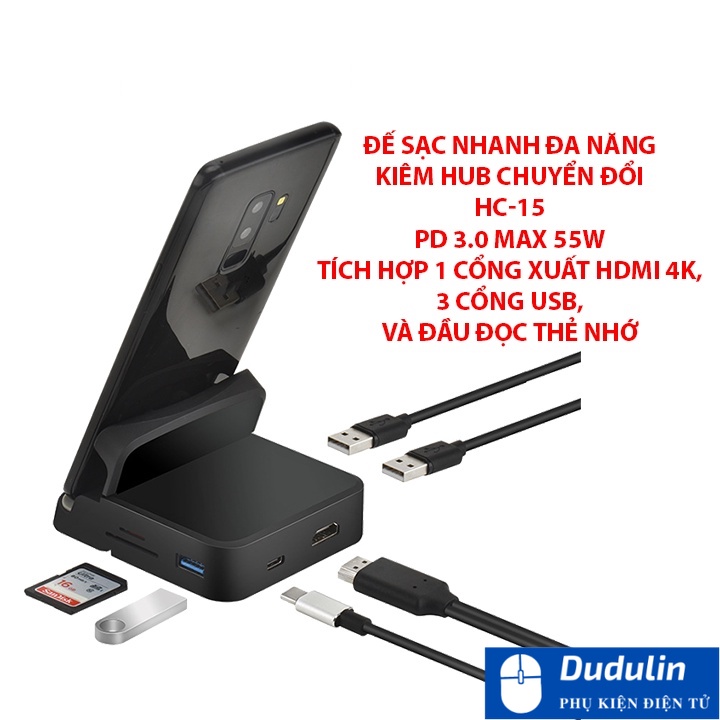 Đế sạc nhanh đa năng kiêm Hub AirSky HC-15 PD 3.0 max 15W tích hợp 1 cổng xuất HDMI 4K, 3 cổng USB, và đầu đọc thẻ nhớ
