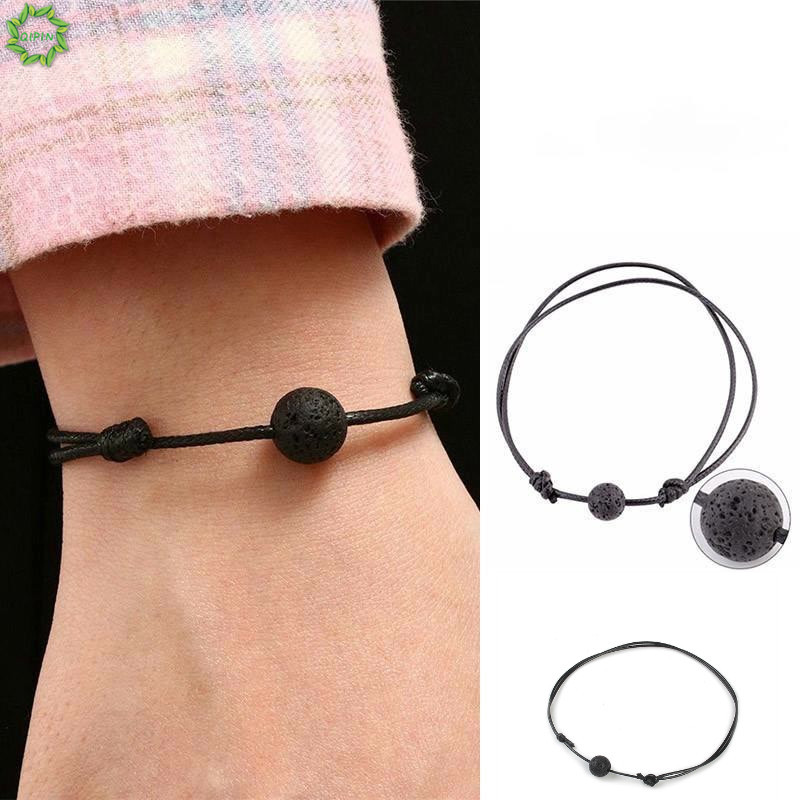 Cod Qipin 1Pcs Black Lava Bead Adjustable Leather Bracelet Women Mens Couple Jewelry Gifts