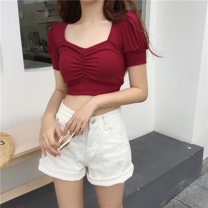 Áo Croptop Nữ (đủ Size) Ôm Body Tay Phồng Cổ Vuông, Khoét Ngực, Màu Đen, trắng cotton tăm RT1