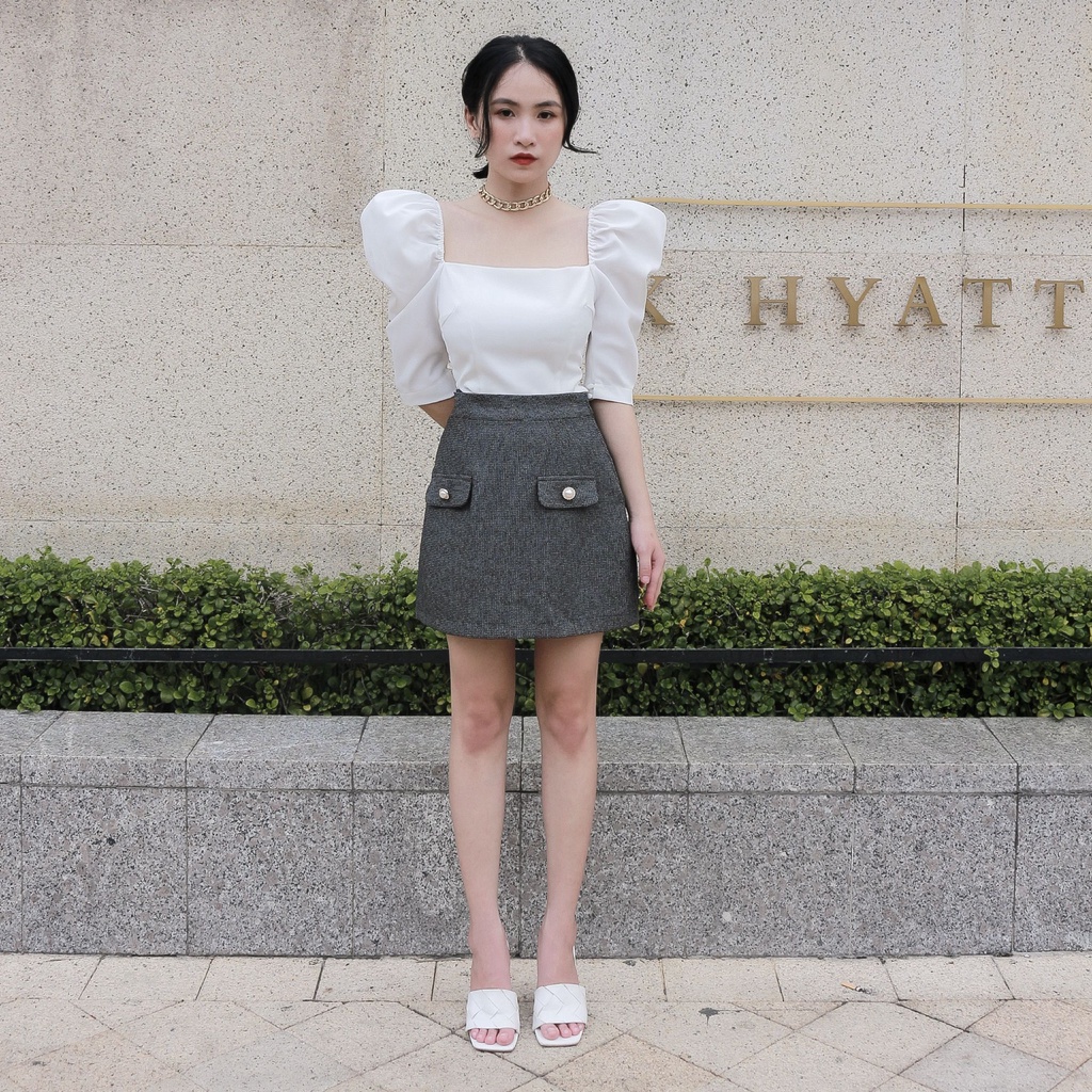 KIOBI - Chân váy Ibiza form mini, dáng váy chữ A, eo lưng cao, vải tweed mỏng xám muối tiêu - KIV20121MT