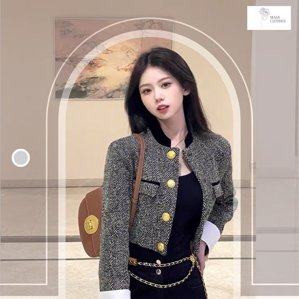 Áo dạ 2 lớp Tweed họa tiết xương cá dáng crtop phối tay áo bẻ trắng mã 1177 Maia.clothes