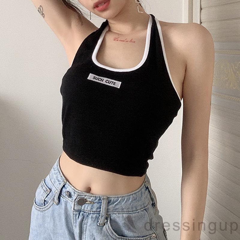 Áo croptop không tay thêu họa tiết chữ sành điệu cho nữ