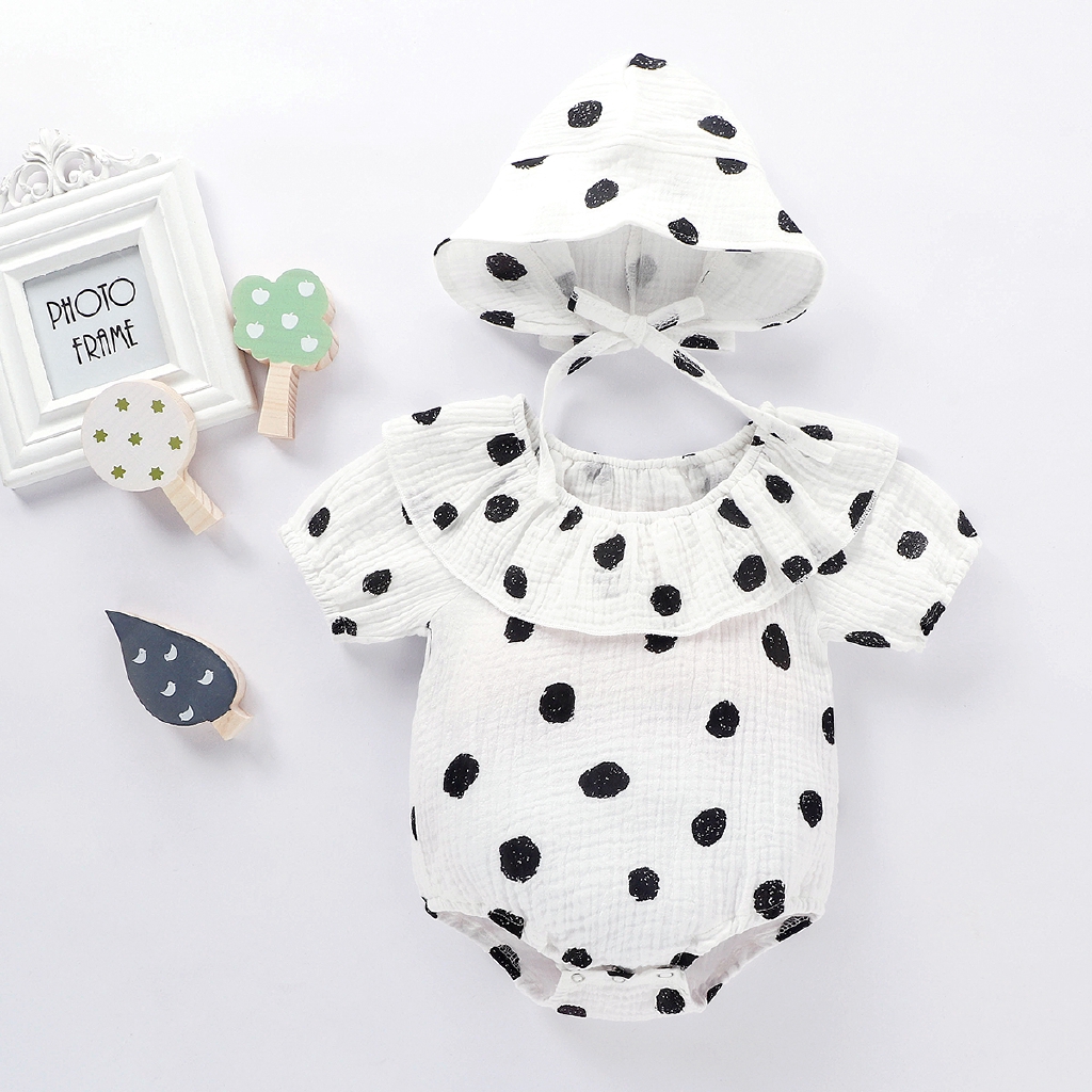 Set jumpsuit+ mũ chất liệu cotton lanh họa tiết chấm bi đáng yêu dành cho bé trai/gái